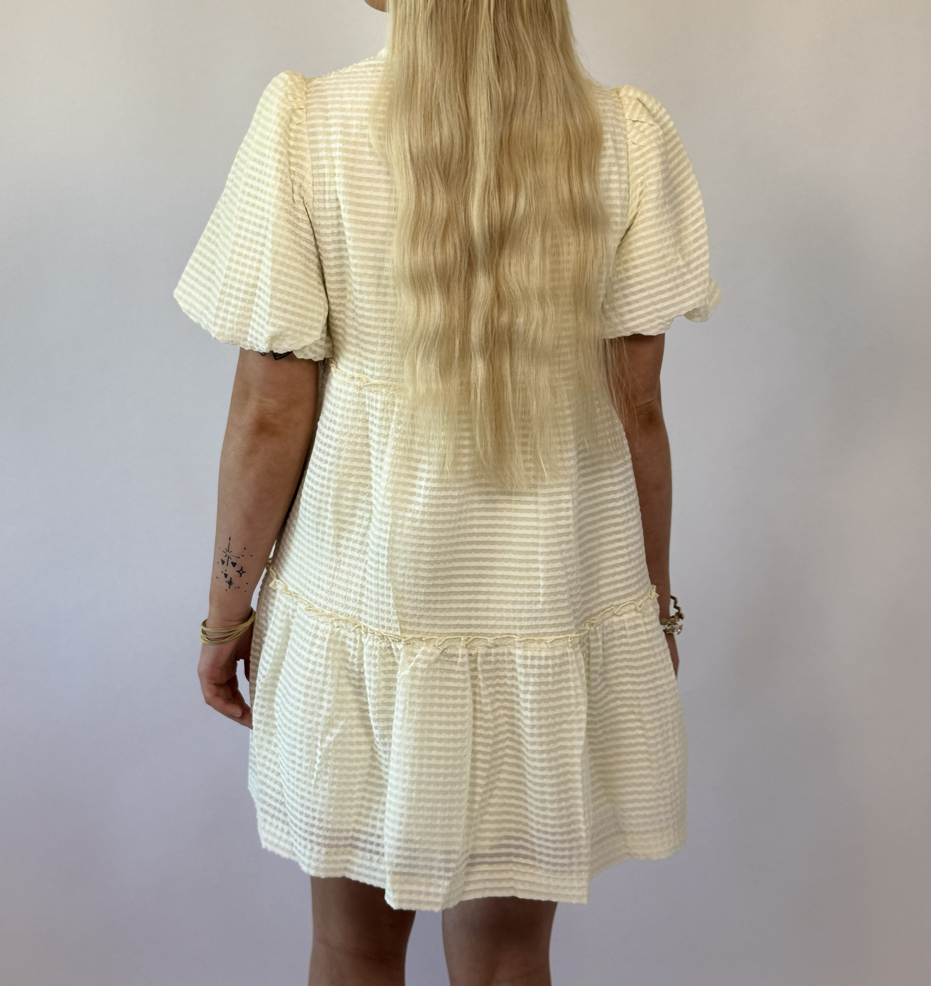 Brooke & Co The Sunday Dress cream textured dress short sleeve babydoll dress back view
