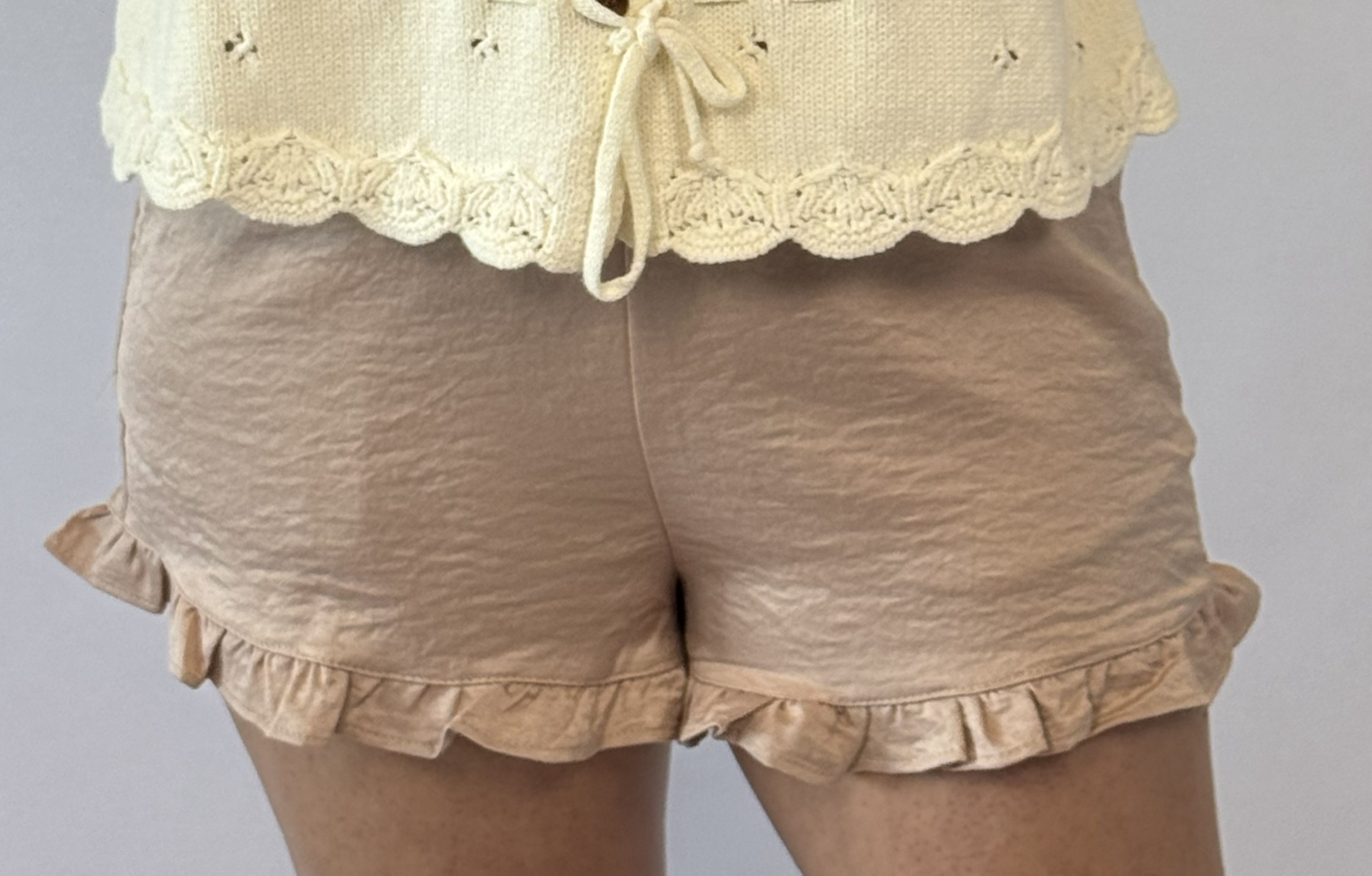 Brooke & Co Sunkissed Shorts taupe ruffle hem boutique shorts front view