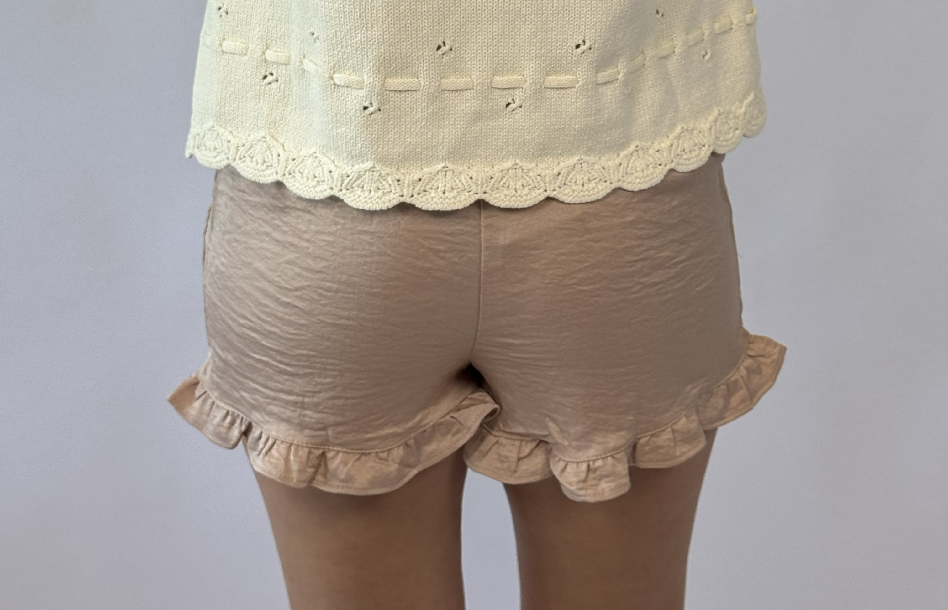 Brooke & Co Sunkissed Shorts taupe ruffle hem boutique shorts back view
