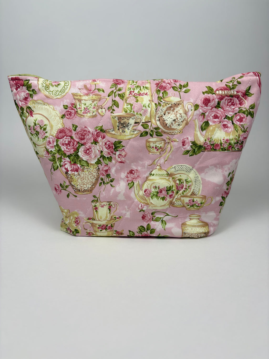 Brooke & Co handmade pink vintage teapot print boutique tote bag with green polka dot straps, floral cottagecore fabric purse front close up view