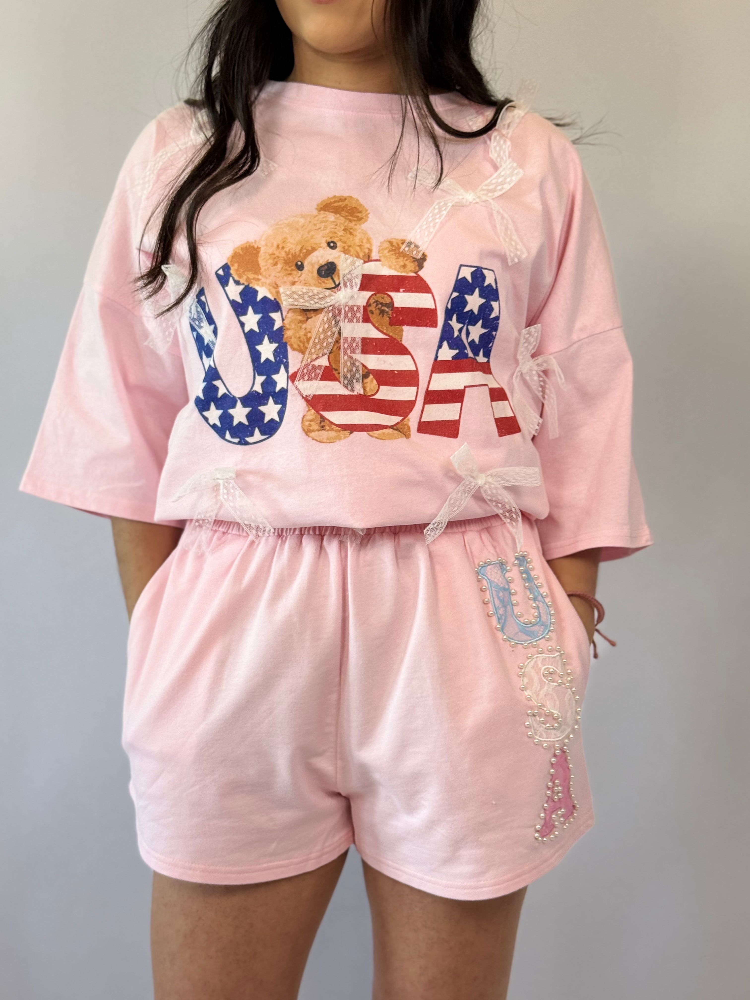 Brooke & Co USA Sweetheart Shorts pink USA applique shorts front detail