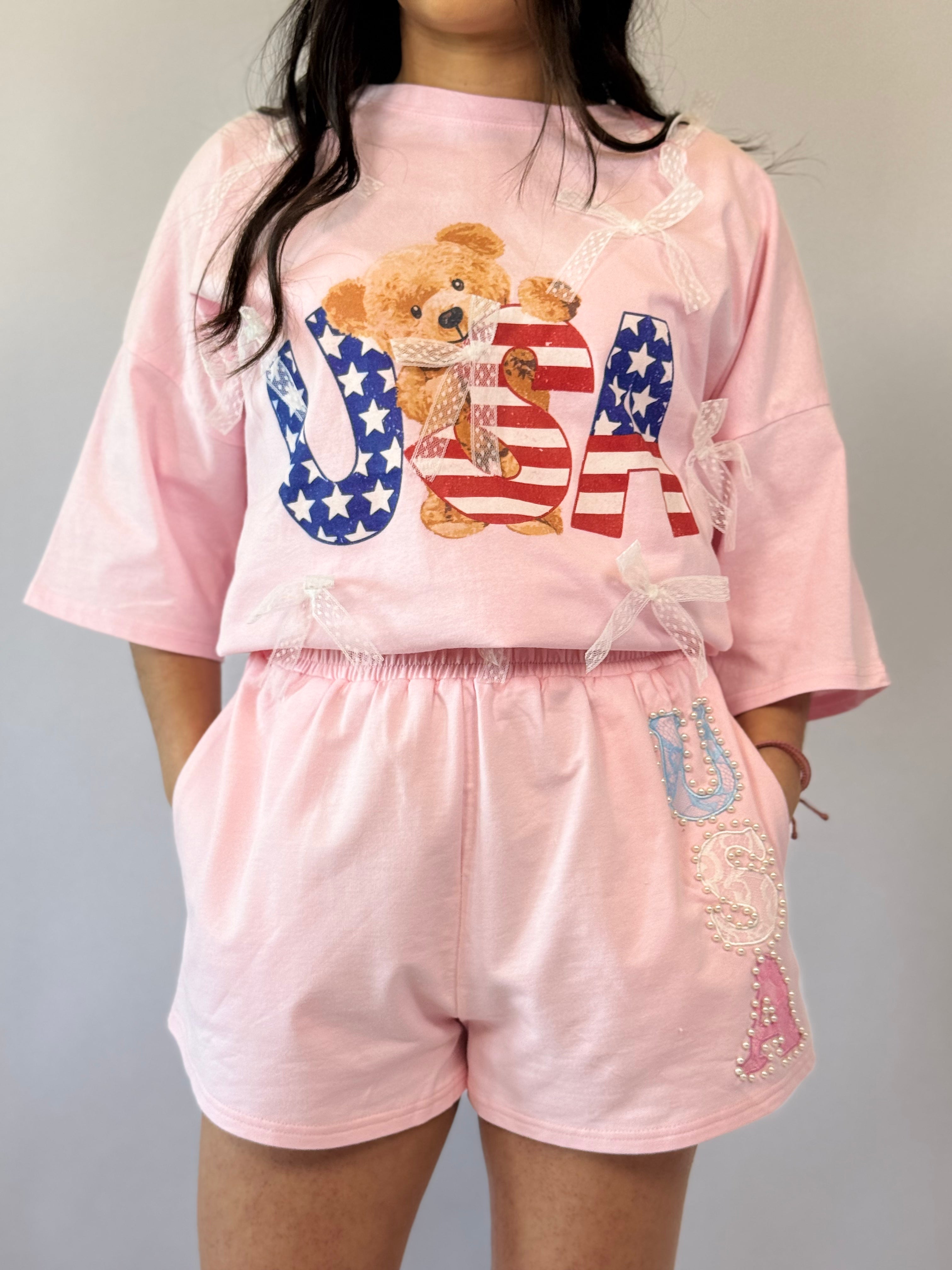Brooke & Co USA Sweetheart Shorts pink USA applique shorts front view