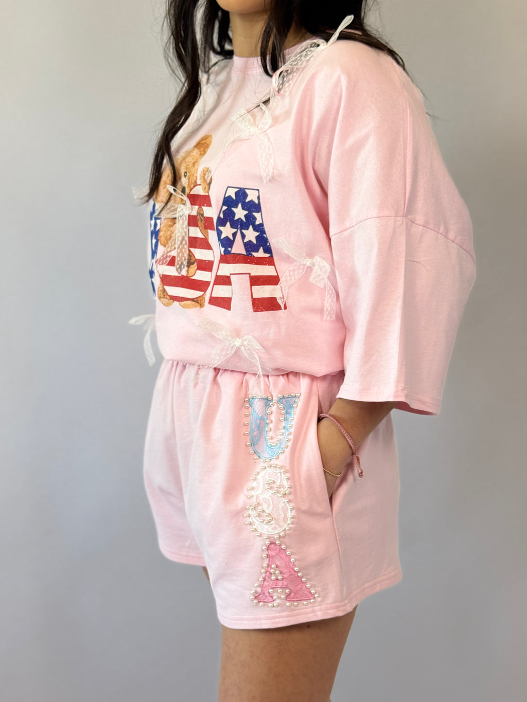 Brooke & Co USA Sweetheart Shorts pink USA applique shorts side detail