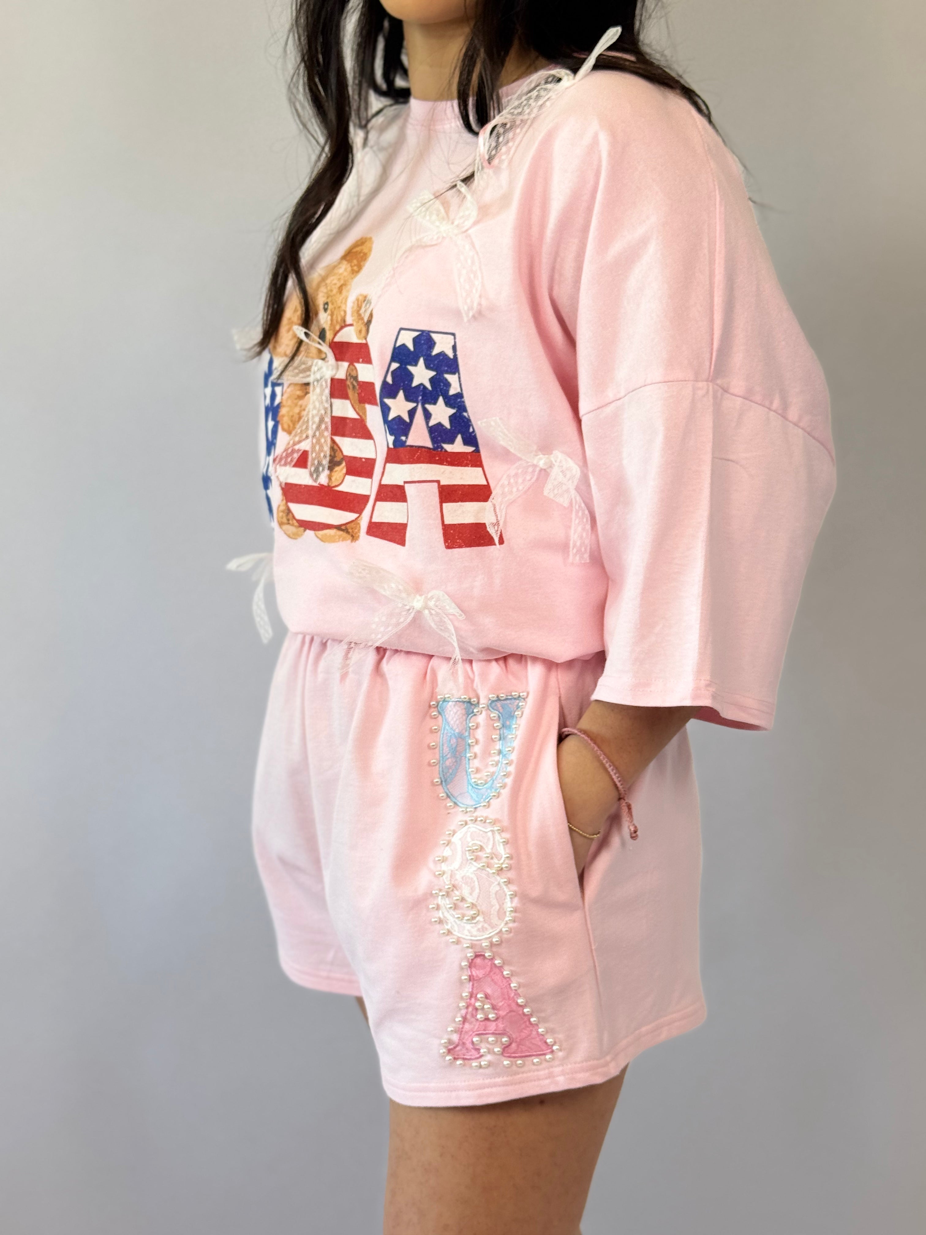 Brooke & Co USA Sweetheart Shorts pink USA applique shorts side detail