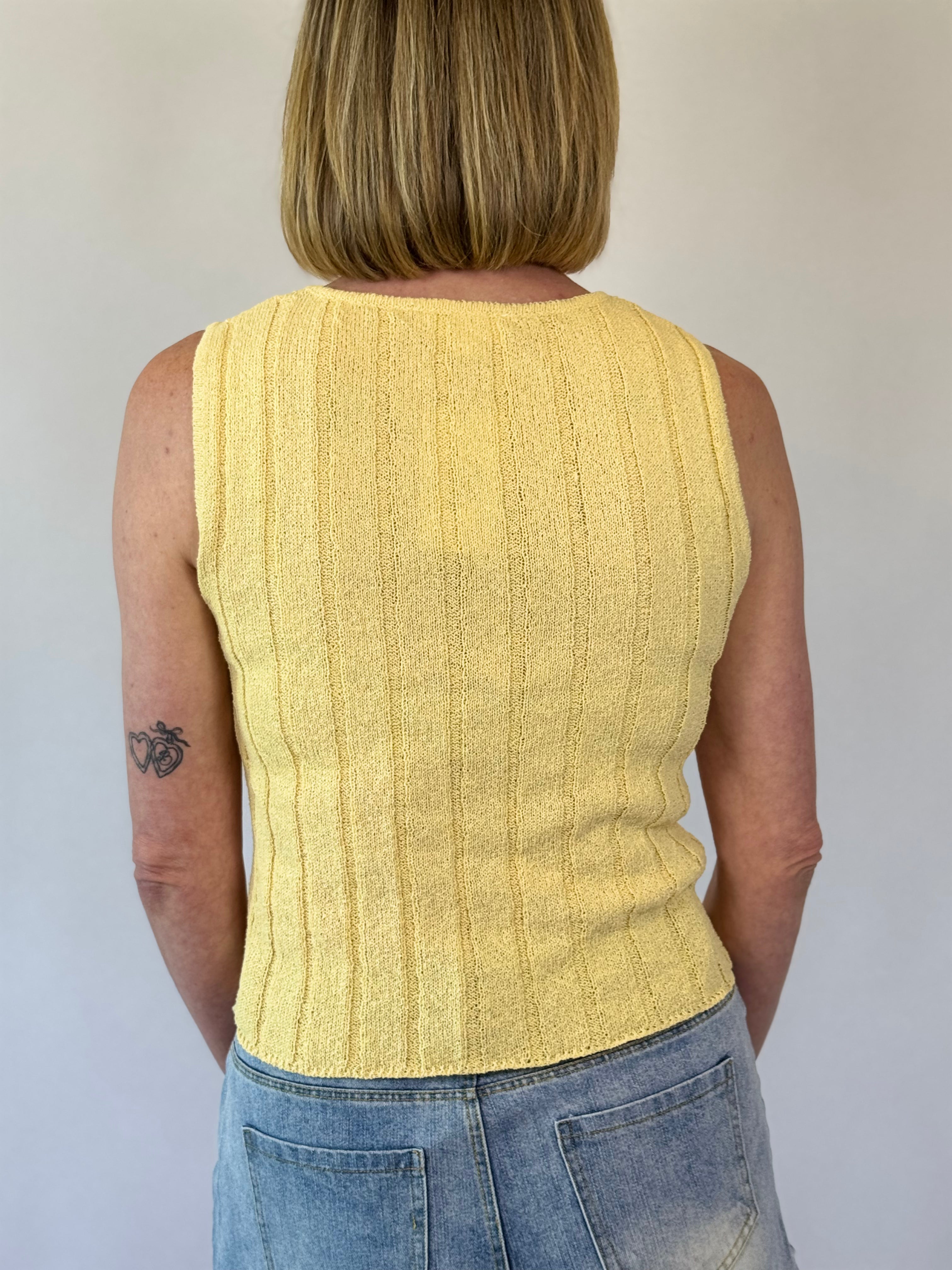 Brooke & Co Vanilla Daydream Top yellow ribbed sleeveless boutique knit tank back view