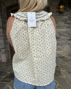 brooke & co vintage bloom top floral patterned sleeveless top with tie front, flowy fit, back view