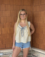 brooke & co vintage bloom top floral patterned sleeveless top with tie front, flowy fit, front view