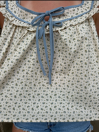brooke & co vintage bloom top floral patterned sleeveless top with tie front, flowy fit, detail view