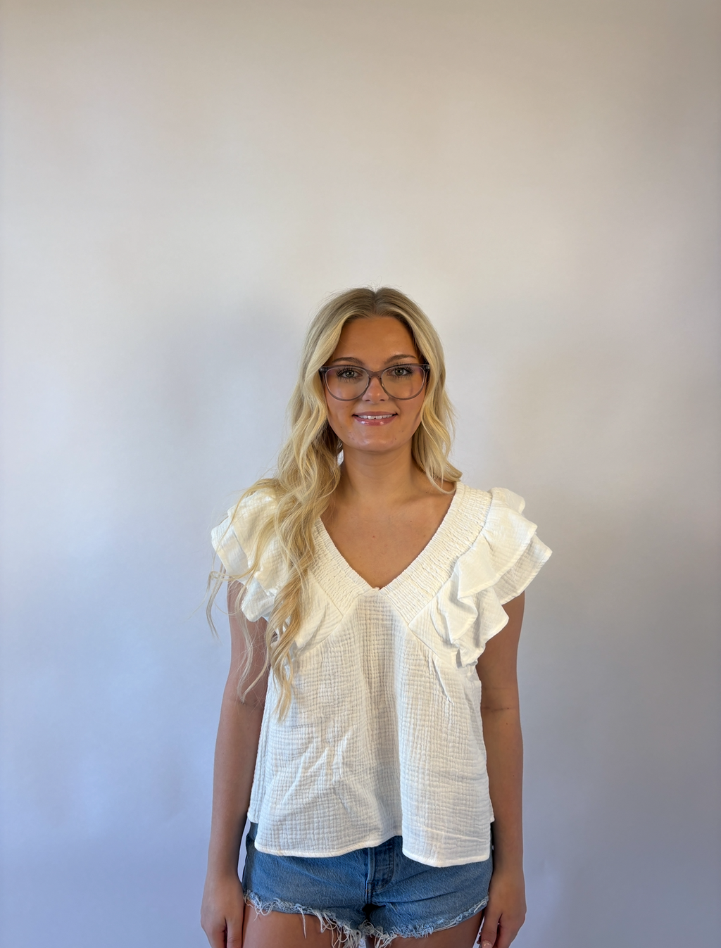 Brooke & Co white willow top in white with ruffle sleeves, v-neck, bow tie in back front view
