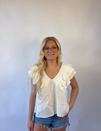 Brooke & Co white willow top in white with ruffle sleeves, v-neck, bow tie in back front 